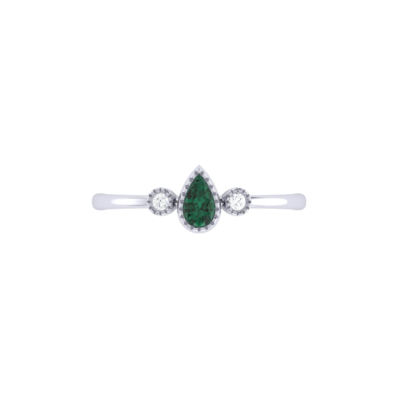 Pear Shaped Emerald & Diamond Birthstone Ring In 14K White Gold