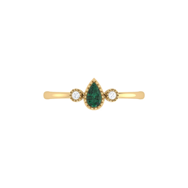 Pear Shaped Emerald & Diamond Birthstone Ring In 14K Yellow Gold