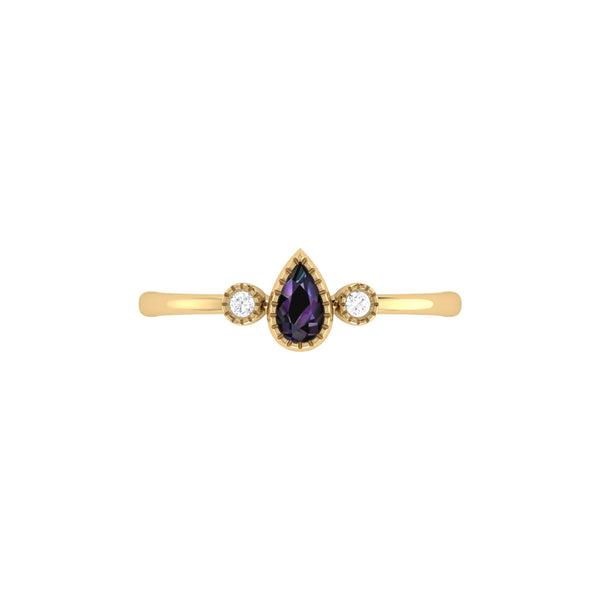 Pear Shaped Alexandrite & Diamond Birthstone Ring In 14K Yellow Gold