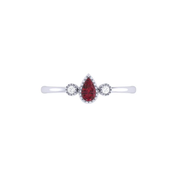 Pear Shaped Ruby & Diamond Birthstone Ring In 14K White Gold