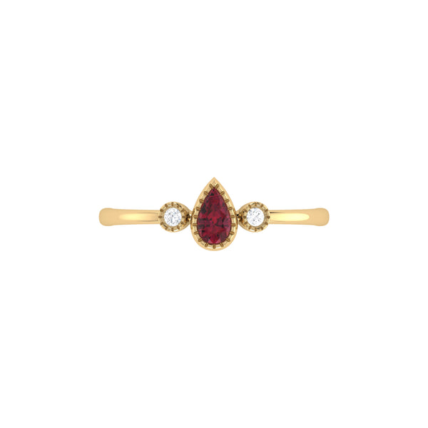 Pear Shaped Ruby & Diamond Birthstone Ring In 14K Yellow Gold