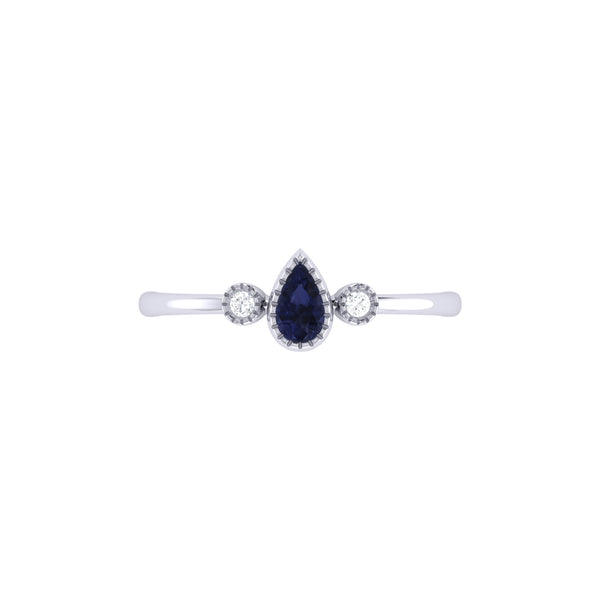 Pear Shaped Sapphire & Diamond Birthstone Ring In 14K White Gold