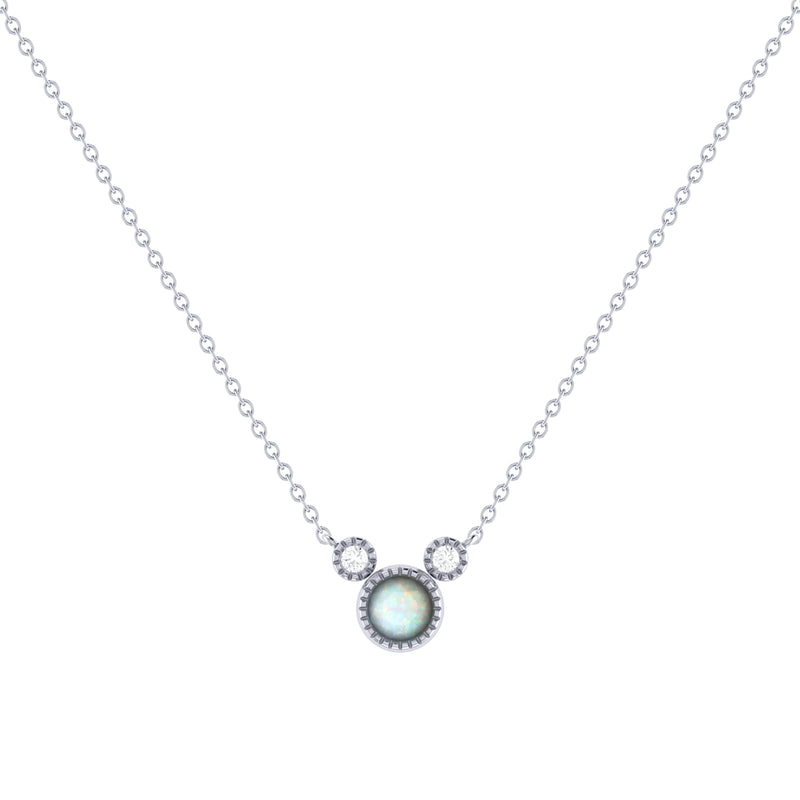 Round Cut Opal & Diamond Birthstone Necklace In 14K White Gold