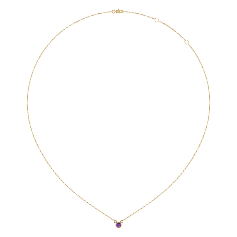Round Cut Amethyst & Diamond Birthstone Necklace In 14K Yellow Gold