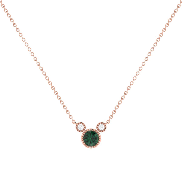 Round Cut Emerald & Diamond Birthstone Necklace In 14K Rose Gold