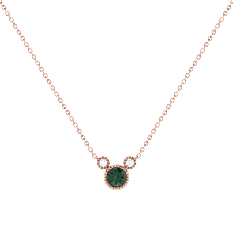 Round Cut Emerald & Diamond Birthstone Necklace In 14K Rose Gold