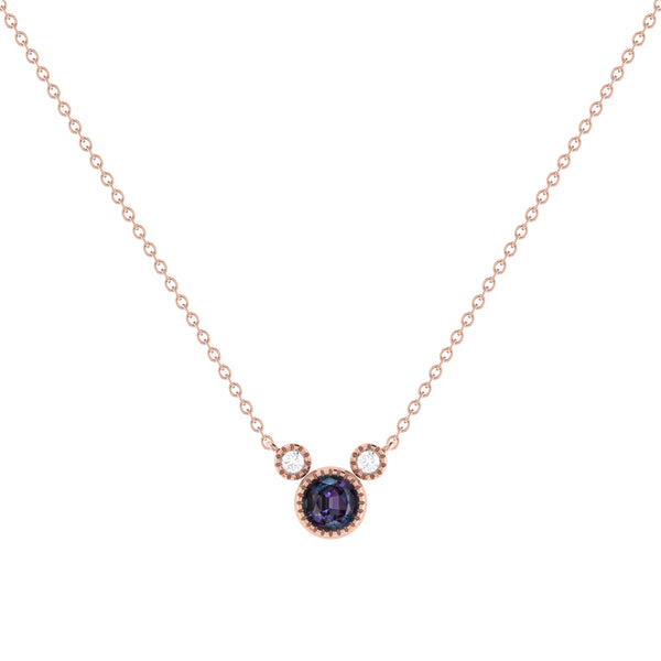Round Cut Alexandrite & Diamond Birthstone Necklace In 14K Rose Gold