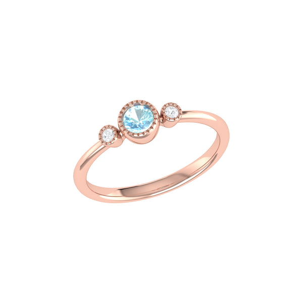 Round Cut Aquamarine & Diamond Birthstone Ring In 14K Rose Gold