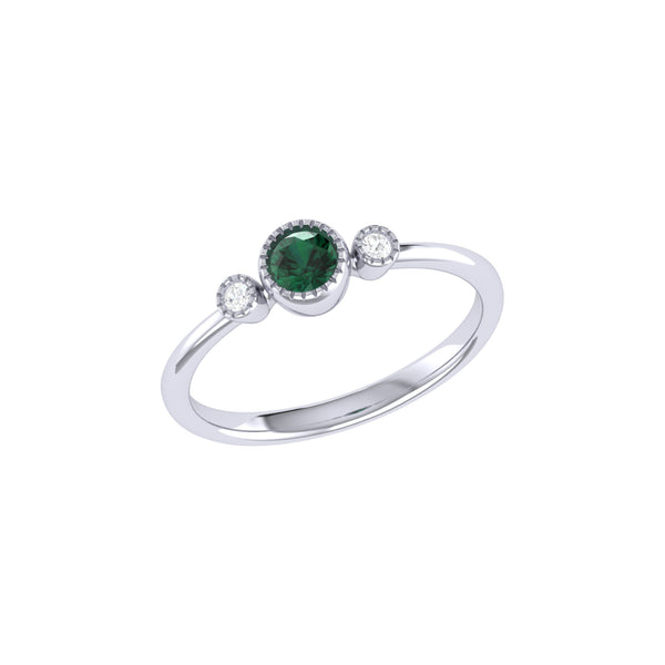 Round Cut Emerald & Diamond Birthstone Ring In 14K White Gold