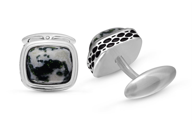 Tree Agate Stone Cufflinks in Black Rhodium Plated Sterling Silver