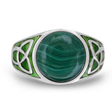 Malachite Cabochon Flat Back Stone Signet Ring in Sterling Silver with Enamel