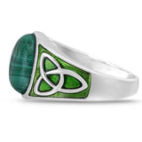 Malachite Cabochon Flat Back Stone Signet Ring in Sterling Silver with Enamel