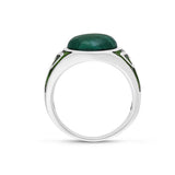 Malachite Cabochon Flat Back Stone Signet Ring in Sterling Silver with Enamel