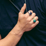 Malachite Cabochon Flat Back Stone Signet Ring in Sterling Silver with Enamel