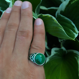 Malachite Cabochon Flat Back Stone Signet Ring in Sterling Silver with Enamel
