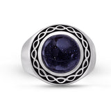 Blue Sand Stone Flat Back Cabochon Signet Ring in Black Rhodium Plated Sterling Silver
