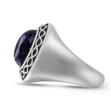 Blue Sand Stone Flat Back Cabochon Signet Ring in Black Rhodium Plated Sterling Silver