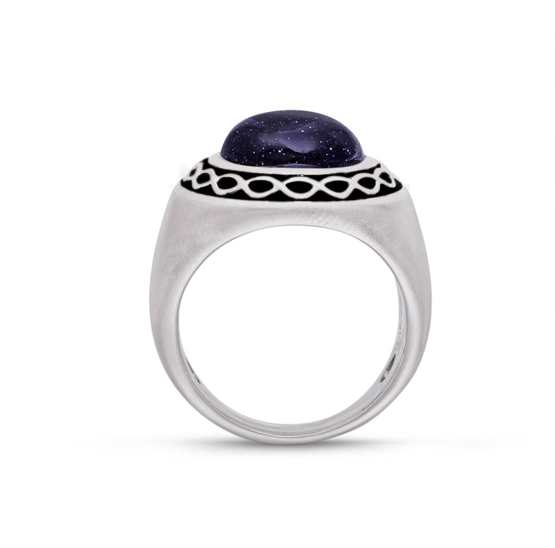 Blue Sand Stone Flat Back Cabochon Signet Ring in Black Rhodium Plated Sterling Silver