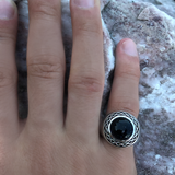 Blue Sand Stone Flat Back Cabochon Signet Ring in Black Rhodium Plated Sterling Silver