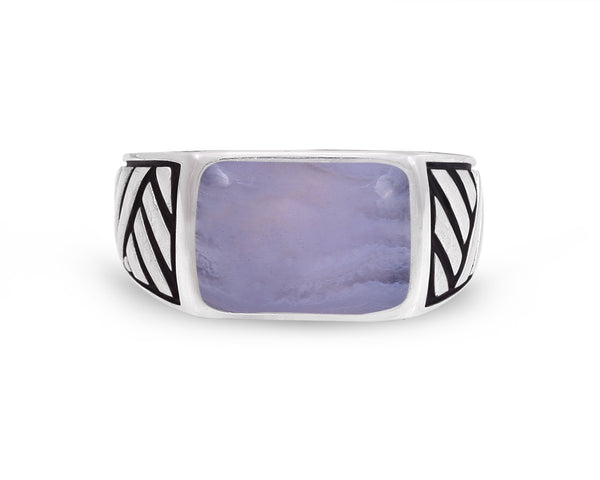 Blue Lace Agate Stone Signet Ring in Black Rhodium Plated Sterling Silver