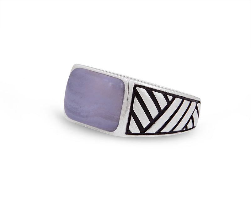 Blue Lace Agate Stone Signet Ring in Black Rhodium Plated Sterling Silver