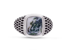 Tree Agate Stone Signet Ring in Black Rhodium Plated Sterling Silver