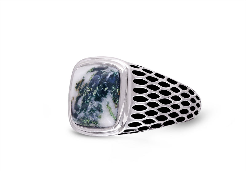 Tree Agate Stone Signet Ring in Black Rhodium Plated Sterling Silver