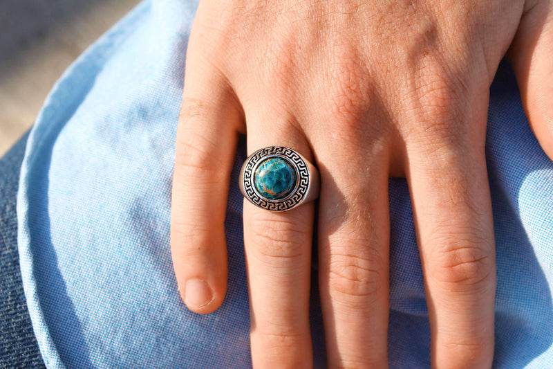 Blue Apatite Stone Signet Ring in Black Rhodium Plated Sterling Silver