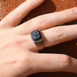 Grey Picture Agate Stone Signet Ring in Brown Rhodium Plated Sterling Silver