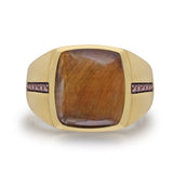 Chatoyant Yellow Tiger Eye Stone & Champagne Diamond Signet Ring in 14K Yellow Gold Plated Sterling Silver
