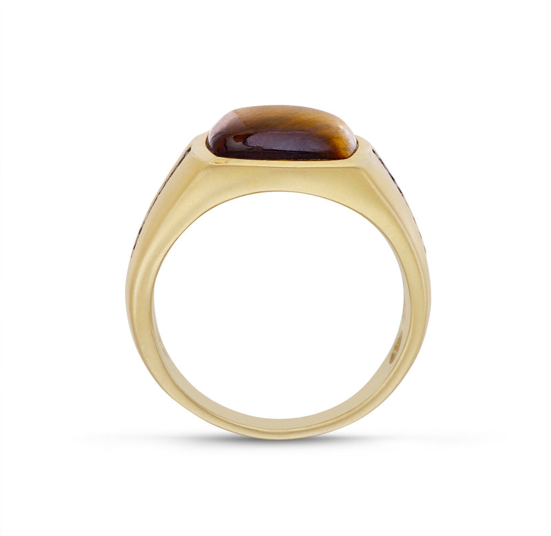 Chatoyant Yellow Tiger Eye Stone & Champagne Diamond Signet Ring in 14K Yellow Gold Plated Sterling Silver