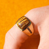 Chatoyant Yellow Tiger Eye Stone & Champagne Diamond Signet Ring in 14K Yellow Gold Plated Sterling Silver