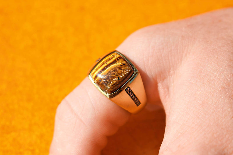Chatoyant Yellow Tiger Eye Stone & Champagne Diamond Signet Ring in 14K Yellow Gold Plated Sterling Silver