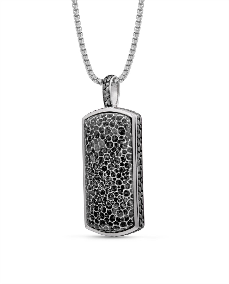 Fossil Agate Stone Tag in Black Rhodium Plated Sterling Silver
