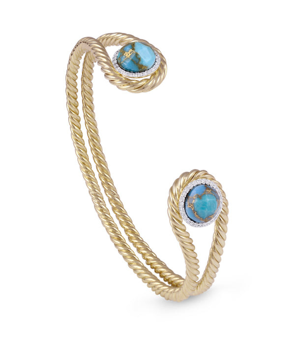 Glory of the Sun Turquoise & Diamond Cuff in 14K Yellow Gold Plated Sterling Silver