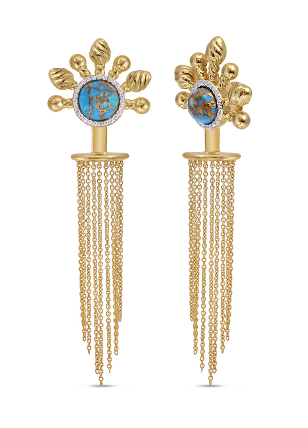 Floating Rays Half Sun Turquoise Detachable Diamond Earrings in 14K Yellow Gold Plated Sterling Silver