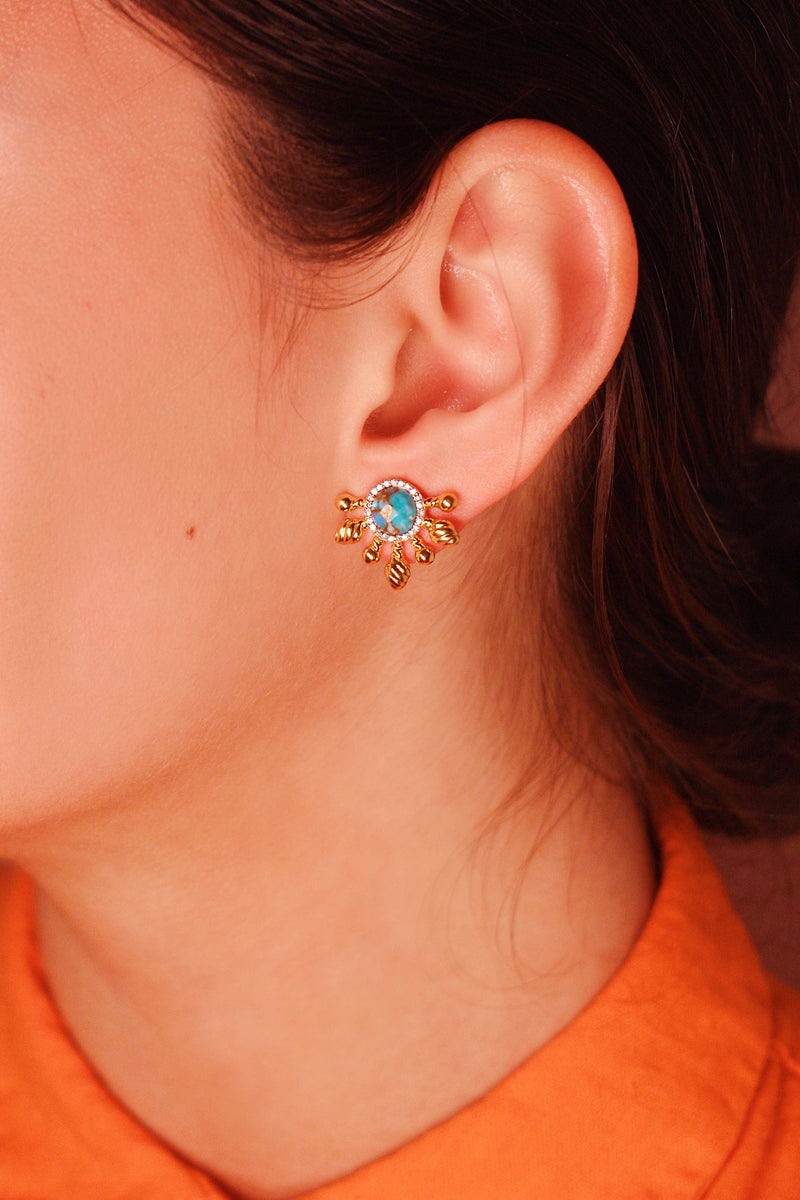 Sun-Day Turquoise & Diamond Half Sun Stud Earrings in 14K Yellow Gold Plated Sterling Silver