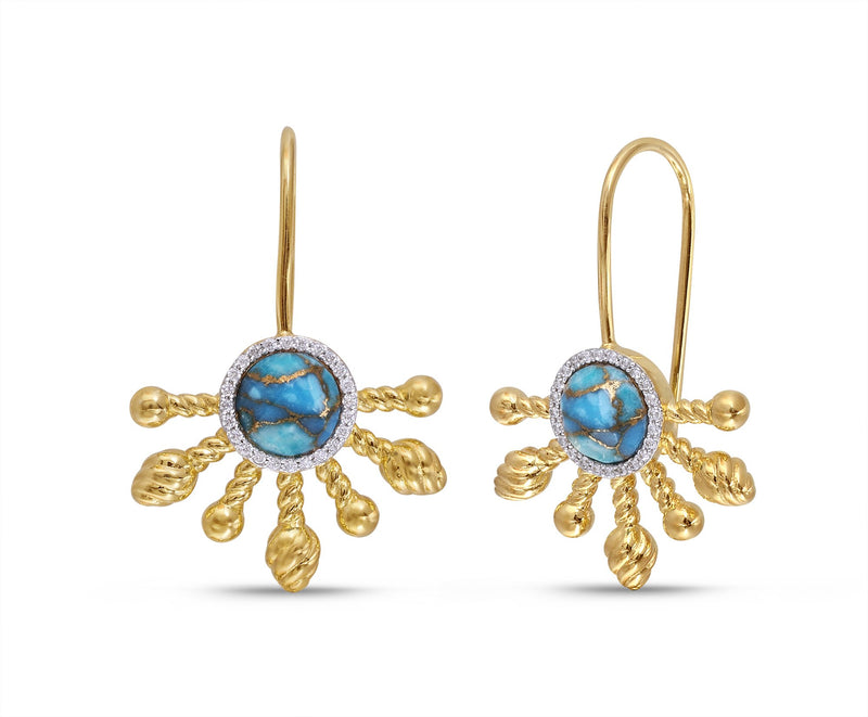 Sun-Day Slide On Turquoise & Diamond Half Sun Earrings in 14K Yellow Gold Plated Sterling Silver