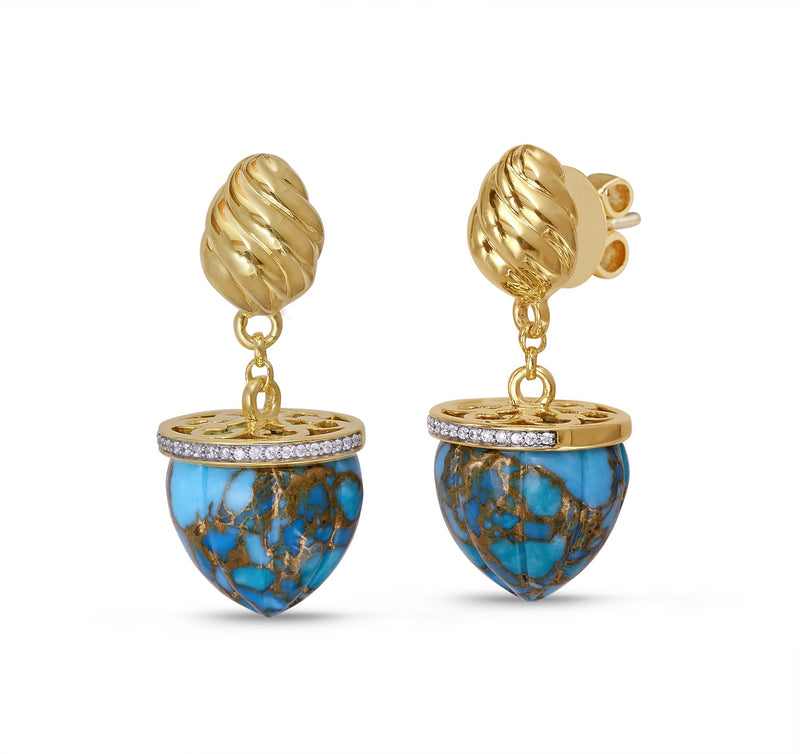 Glory of the Sun Turquoise & Diamond Drop Earrings in 14K Yellow Gold Plated Sterling Silver