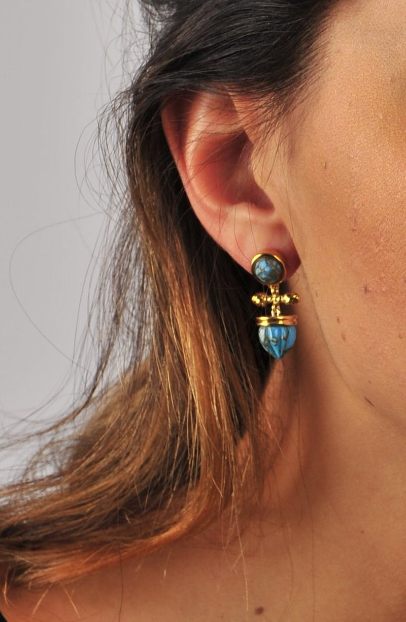 Golden Rays Turquoise Drop Earrings in 14K Yellow Gold Plated Sterling Silver