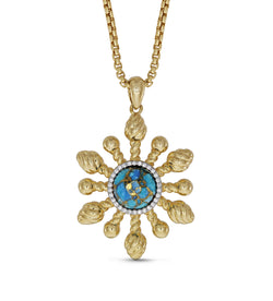 Sunny Side Up Turquoise & Diamond Sun Pendant in 14K Yellow Gold Plated Sterling Silver