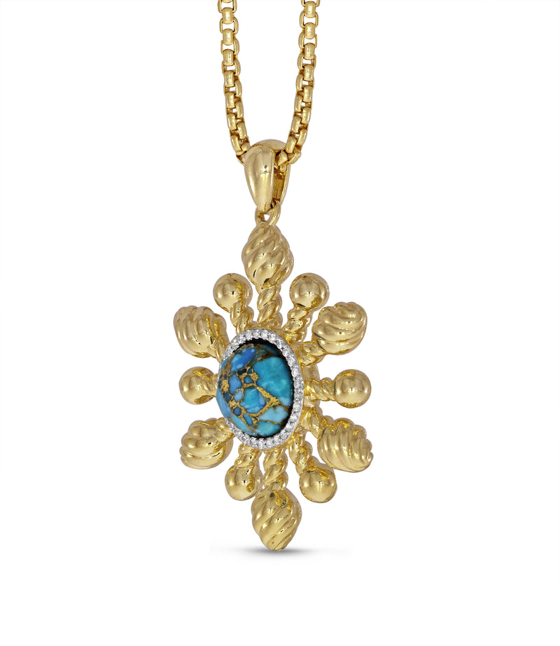 Sunny Side Up Turquoise & Diamond Sun Pendant in 14K Yellow Gold Plated Sterling Silver