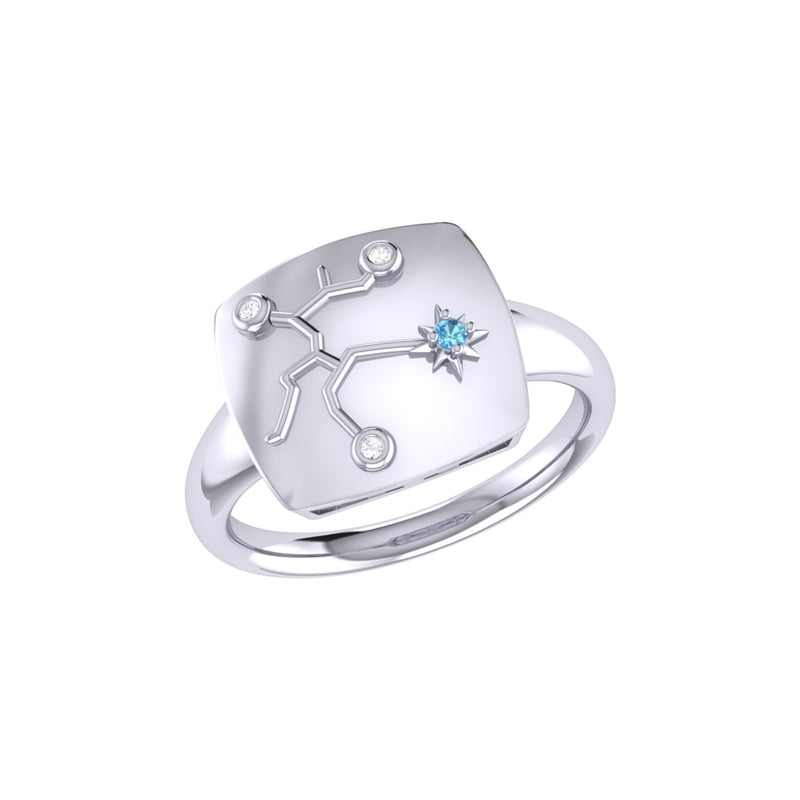 Sagittarius Archer Blue Topaz & Diamond Constellation Signet Ring in 14K White Gold