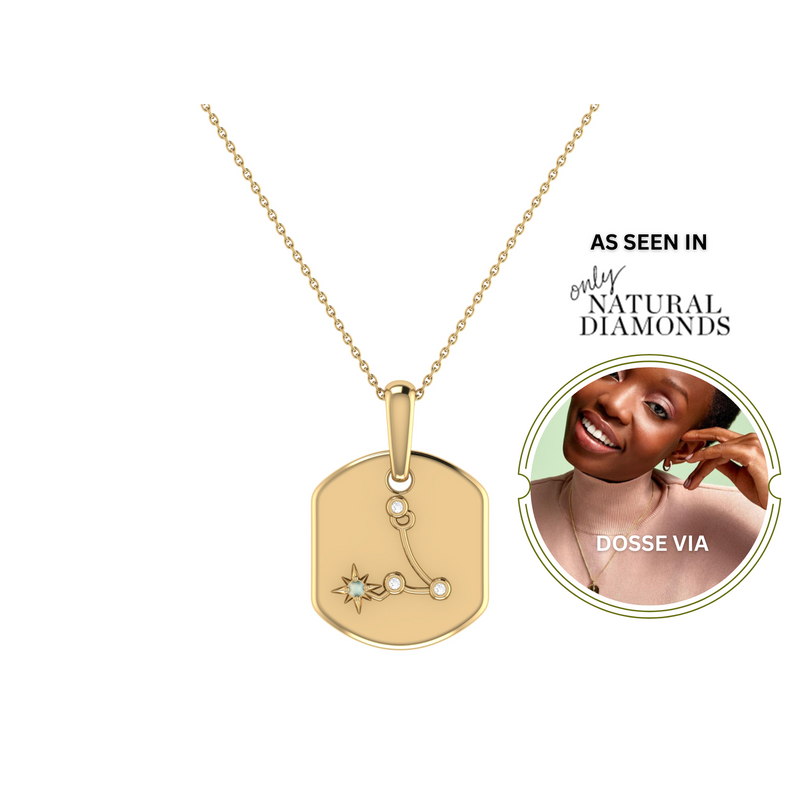 Pisces Two Fish Aquamarine & Diamond Constellation Tag Pendant Necklace in 14K Yellow Gold Vermeil on Sterling Silver
